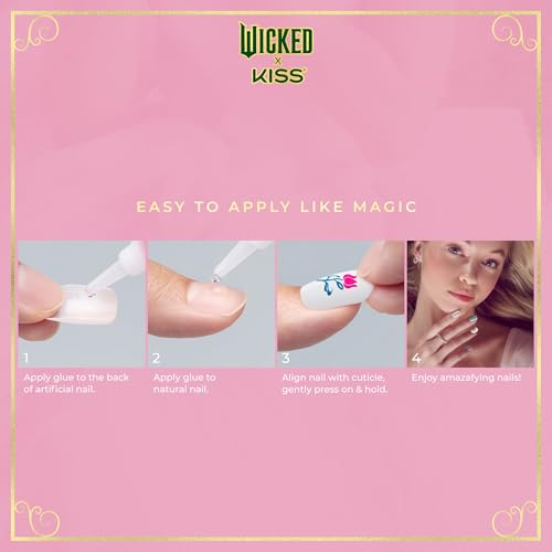 WICKED X KISS Press On Nails, ‘There's Joy’, Neutral, Short Oval, Waterproof, Chip Proof, Smudge Proof, 28 Fake Nails, Pink Gel Nail Glue (2g), Mini Nail File, & Manicure Stick