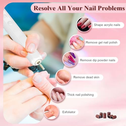 Professional Nail Drill Set, 2,0000 RPM Electric Nail File with 12 Grinding Head & 100Pcs Sanding Bands for Acrylic Gel Nails, Manicure and Polishing (White)