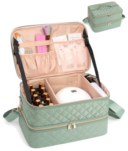 Ethereal Nail Polish Organizer Case Holds 50+ Bottles(15ml/0.5fl.oz) and Nail Lamp, Double Layer Nail Polish Storage Bag for Nail Kit, Manicure Tools, Green