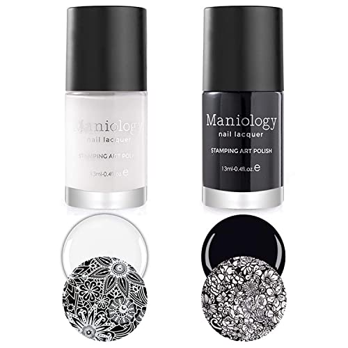 Maniology Black and White Duo Bam! White and Straight Up Black 2pc Nail Stamping Polish Set, Essential and Primary Manicure Color Lacquer