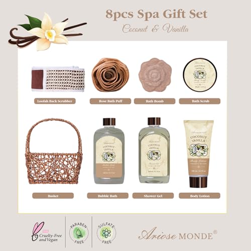 Spa Gift Baskets - Coconut Vanilla Bath Gift Set for Women, Luxury Relaxing Spa Kit with Bath Bombs, Body Lotion and Body Scrub, Birthday Gifts for Women, Christmas Spa Gifts for Mom