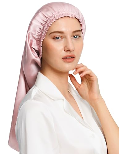 LilySilk Extra Long Silk Bonnet Sleep Cap for Women Soft Adjustable Hair Bonnet for Braids,Curly,Long Hair- Soft Elastic Band, Rosy Pink