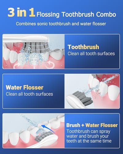 Electric Toothbrush with Water Flosser Combo 3 in One, Advanced 2.0 Flossing Toothbrush for Teeth Cleaning and Flossing, 5 Speed&3 Mode, 500ML Large Tank, Rechargeable, 5 Replacement Brush Heads-White
