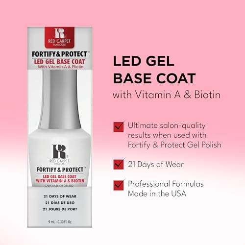 RC Red Carpet Manicure Fortify & Protect LED Gel Base Coat – Strengthens Nails with Vitamin A & Biotin, Prevents Brittleness, Long-Lasting Gel Nail Protection for Healthier, Stronger Nails (0.3 Fl Oz)