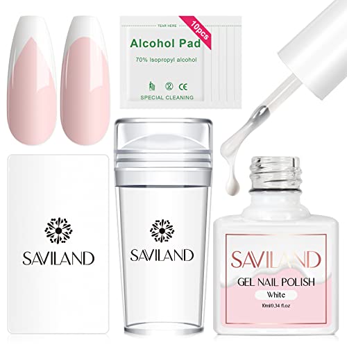Saviland French Manicure Kit: French Tip Nail Stamp with White Gel Nail Polish Set, Jelly Silicone Nail Stamper Nail Stamper Kit for French Nails Home DIY Nail Salon