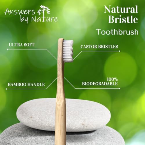 Natural Bristle Toothbrush [4-Pack], Ultra Soft Castor Bean Bristles, 100% Biodegradable, Plant Based Bristles and Bamboo Handle