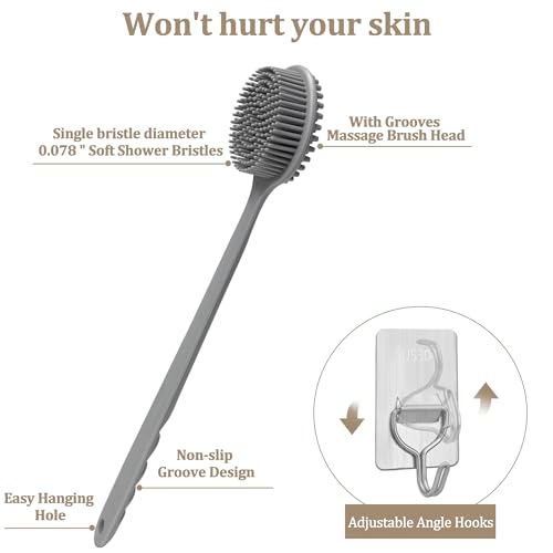 Men Shower Brush for Cleaning Body Soft Silicone Long Handle Exfoliator Back Scrubber, Grey