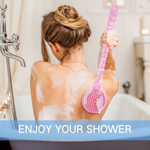 Sunnyray 2 Pack 15 Inch Soft Silicone Back Scrubber with Long Handle, Scrubber Anti Slip for Shower, Bath Body Brush, Improved Skin Health Can Produce Foam for Men and Women(Pink,Nordic Blue)
