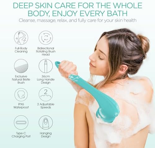 VOYOR Electric Body Brush Back Scrubber Silicone Body Scrubber Two-Way Rotating Brush Head for Deep Cleaning, Exfoliation, 4 Attachments Long Handle IPX6 Rechargeable Shower Brush BC300 (Blue)