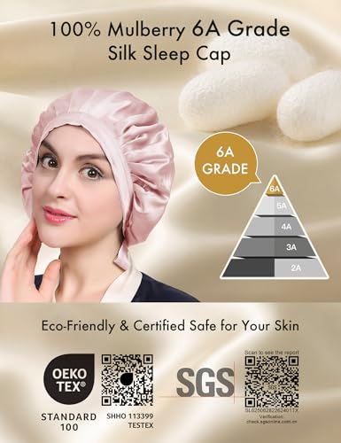 LilySilk 100% Mulberry Silk Bonnet, Silk Night Sleep Cap Adjustable Hair Wrap for Sleeping, Rosy Pink