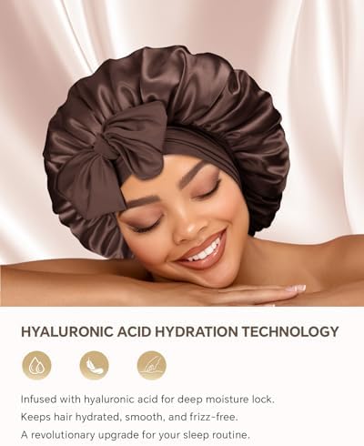 Silk Bonnet for Sleeping Women Double Layer HYALURONIC Acid Infused Satin Bonnet with Tie Band Sleep Cap for Curly Hair