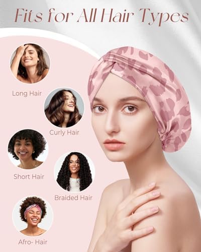 Silk Bonnet for Women - Mulberry Silk Sleep Cap for Hair Care with Eye Mask & Scrunchie 19 Momme Night Cap Sleeping Set with Elastic Stay On Head, Leopard