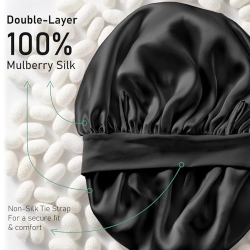 LitBear 100% Mulberry Silk Bonnet for Sleeping Women, 6A 22 Momme, Large Double-Layer Silk Hair Wrap with Tie Band, Non-Slip Turban, Includes Silk Scrunchie