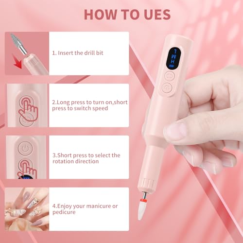 Electric Nail Drill, Professional Cordless NailDrill for Acrylic and Gel Nails, Portable Electric Nail Drill Efile Kit for Manicure Pedicure and Polishing Tools Design for Home Use