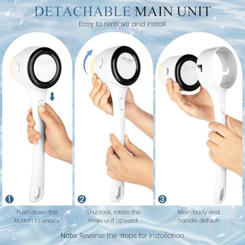 Electric Body Brush Back Scrubber for Shower, Rechargeable Auto Spinning Bath Brush & 4 Speeds, Waterproof Long Handle Body Scrubber with 5 Heads for Deep Cleansing, Exfoliating, Massaging - White