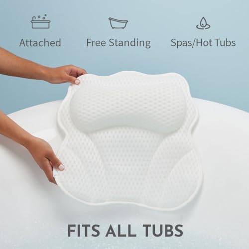 WONDERfoam Thick Padded Ergonomic Bath Pillow for Tub, Bathtub Headrest Neck and Back Support, Strong Suction Cups, Machine Washable Breathable Mesh Quick Dry Pillows, Luxury Spa Accessories, White