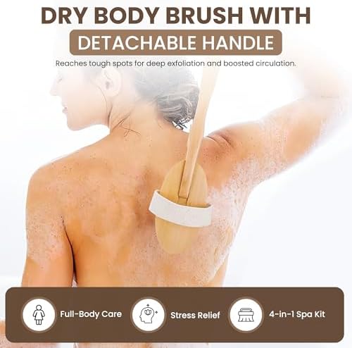 Wooden Bath Brush Set - Detachable Dry Body Brush, Natural Face Exfoliator, Facial Scrubbing Brush, Anticellulite Massager, Massaging Cellulite Remover, Cleaning Nail Brushing