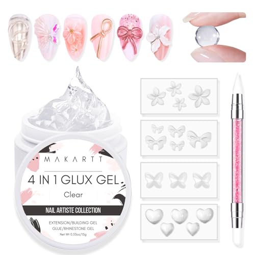Makartt Solid Gel Builder Mini Kit for 3D Gel Nail Art - 15ML 4 in 1 Nail Extension Gel, 4pcs Silicone Molds, 1 Sculpting Brush, UV Glue for Acrylic Nails Rhinestones Gel Molding Manicure Hard Gel Kit