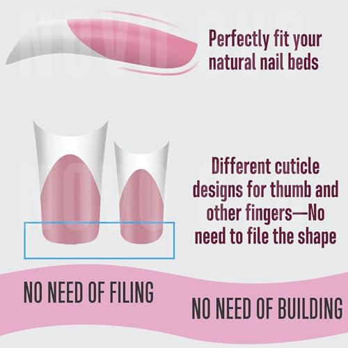 White French Tip Duck Feet Nail Tips BERRY PINK Full Cover Press on Acrylic with Moon Curve, Thick Medim Long Pre-Etched Matte Flare Wide Soft Gel Fake False Nail Extension x 15 Sizes 150 pcs