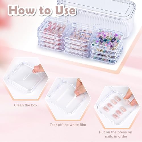 Press On Nail Orgnizer 12pcs 3.3inch Clear nail storage box and 1 large storage box for Press On Nail Packaging and fake Nail Storage Nail Display with double sided tape.