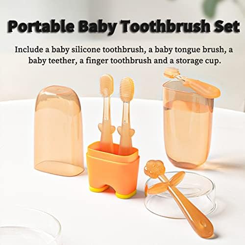 FOKiiBO Baby Silicone Toothbrush Set, Toothbrush + Tongue Brush + Baby Teether + Finger Toothbrush with Cup for Training Teething, 0-18M Infant Toddler Newborn Baby Teeth Brushes (Blue)