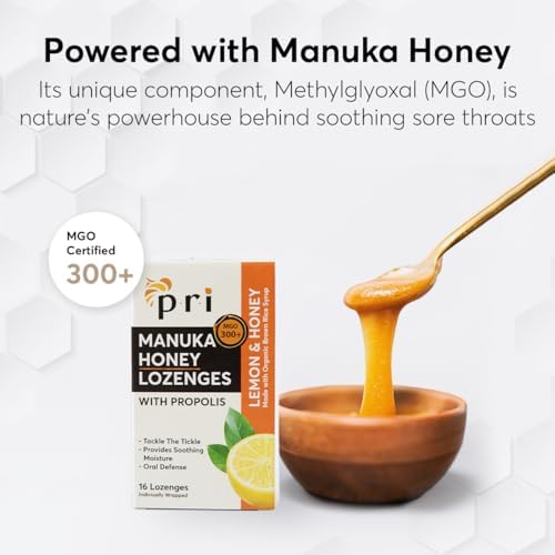 P.R.I Manuka Honey Lozenges with Propolis, Soothing Cough and Throat Drops, MGO 300+ Certified, (Lemon, 16 Count/2 Pack)