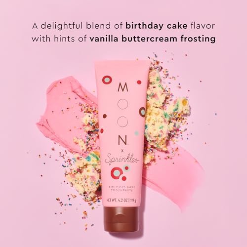 Moon x Sprinkles Birthday Cake Flavored Toothpaste, Fluoride Free - Sugar & SLS Free Toothpaste - Low-Foaming, Gentle on Gums & Enamel - with Hints of Vanilla Buttercream (4.2 Oz)