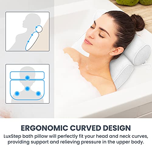 LuxStep Bath Pillow Bathtub Pillow with 6 Non-Slip Suction Cups for Head,Neck and Back Support, Extra Thick and Soft Air Mesh Spa Pillow for Bath - Fits All Bathtub, 15.35x14.56 Inch, White