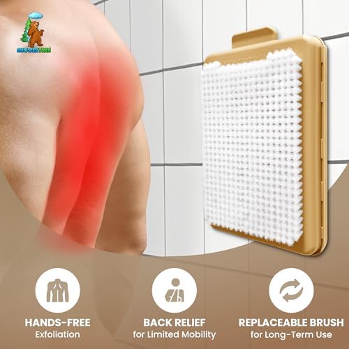 Wall-Mounted Back & Body Shower Scrubber | Replaceable Brush with Exfoliating Bristles for Back & Skin Care (Tan)