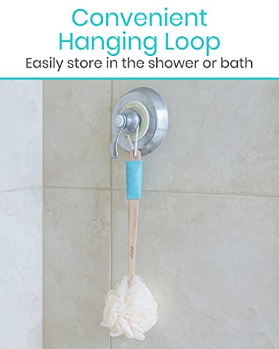 Vive 17” Shower Loofah with Long Handle - Exfoliating Back & Body Scrubber for Men & Women - Luffa Sponge on a Stick for Bathing, Cleaning - Includes Extra Handheld Lufa, Hook & String to Hang on Wall