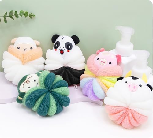 MURRI&MURRDI 4 Pcs Bath Poufs for Kids, Lovely Animal Body Scrubbers for Toddler, Exfoliating Child Bath Loofahs 55g (4 Cartoon)