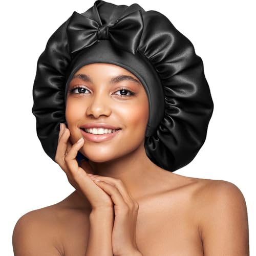 Umisleep Double-Sided 100% 22 Momme Mulberry Silk Bonnet for Sleeping Women, Large Silk Hair Wrap for Long Curly Hair, Non-Slip Sleep Cap with Adjustable Band, Black