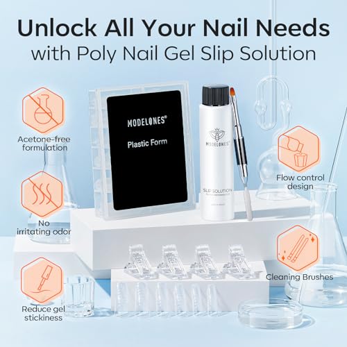 modelones Slip Solution for Poly Gel, 2.8oz Anti-Stick Liquid for Poly Gel with 120Pcs Flat Dual Nail Forms Nail Tips Clips Kit