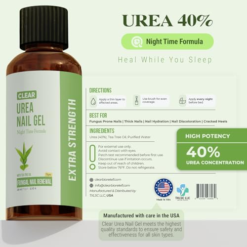 CLEAR Urea Nail Gel with Tea Tree Oil Made in USA – Night Time Formula -Softens, Hydrates & Repairs Nails –Urea Gel with Fast & Visible Results, Trusted by Health Professionals