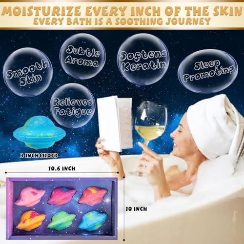 Light Up Bath Bombs with Surprise Light Cube Inside 6 Set 4 Ounce Big Size Romantic Saturn Natural Organic Saturn Bubble Bath Shower Bomb for Women Handmade Bubble Relaxing Spa Gift Bath Skin