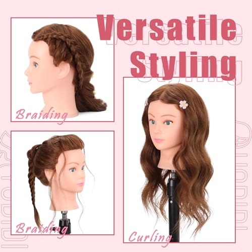 Mannequin Head Human Hair 22"-24" Female 100% Human Hair Mannequin Head Hair Styling Cosmetology Manikin Head Doll Head for Hairdresser with Clamp Holder and Tools (dark brown)