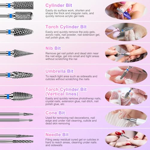 CGBE Nail Drill Bits Set: 10PCS Tungsten Carbide Nail Drill Bits for Acrylic Nails, 3/32'' Shank Professional Nail Bits for Nail Drill Cuticle Drill Bit for Home Salon Nail Enthusiasts Manicurist