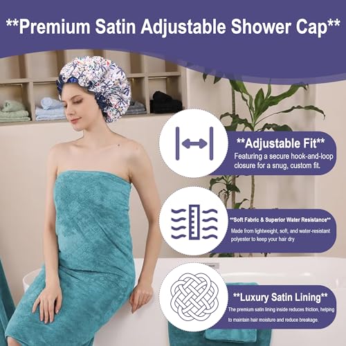 Luxury Reusable Shower Cap for Women Double Layered Shower Caps Bonnet with Adjustable Elastic Strap, Leakproof Nonslip Large Satin Lined Shower Bath Cap for All Hair Lengths-Ladies Gift Blue-Flower