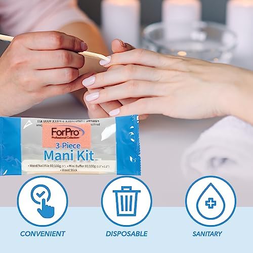 ForPro 3-Piece Mani Kit, 300-Count, Individually-Packed Manicure Set, White Wood Nail File 80/100 Grit, Orange Mini Buffer 80/100 Grit, Wood Stick