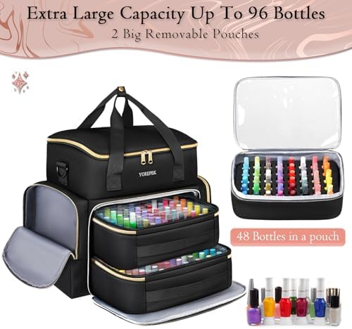 YOREPEK Extra Large Nail Polish Organizer Case Holds 96 to 100+ Bottles (15ml/0.5 fl.oz) UV lamp, Gel Polish Travel Case Bag with 2 Removable Pouches Fits Nail Suppiles, Gift for Manicurist, Girls