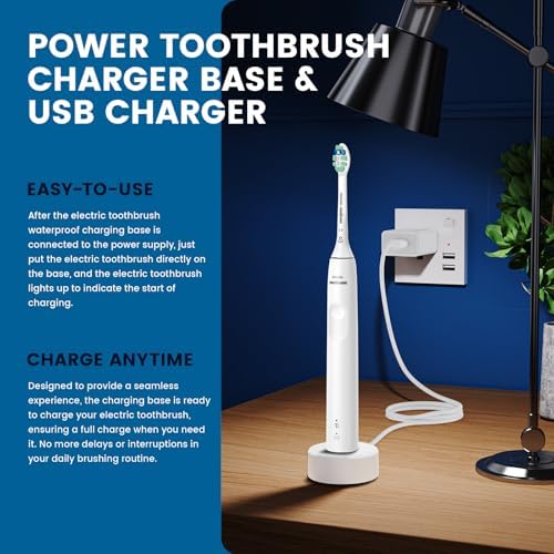 Electric Toothbrush Charger Base Waterproof Compatible with Philips Sonicare 5300 4100 3100 2100 1100 Series HX3681 HX3661 HX3641 Rechargeable Power Brush Replacement Battery USB Charging Stand- White