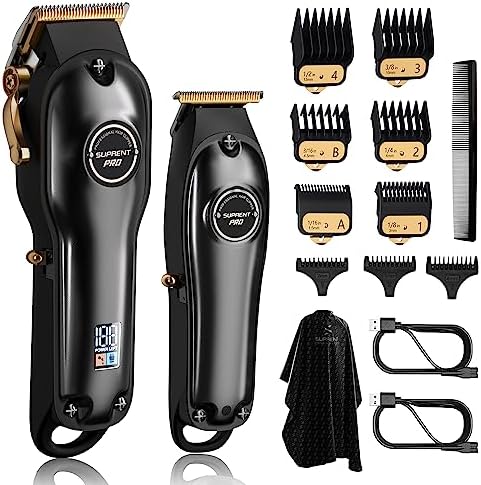 SUPRENT PRO Professional Hair Clippers for Men- Hair Cutting Kit & Zero Gap T-Blade Trimmer Combo- Cordless Barber Clipper Set with LED Display for Mens Gifts(Black)