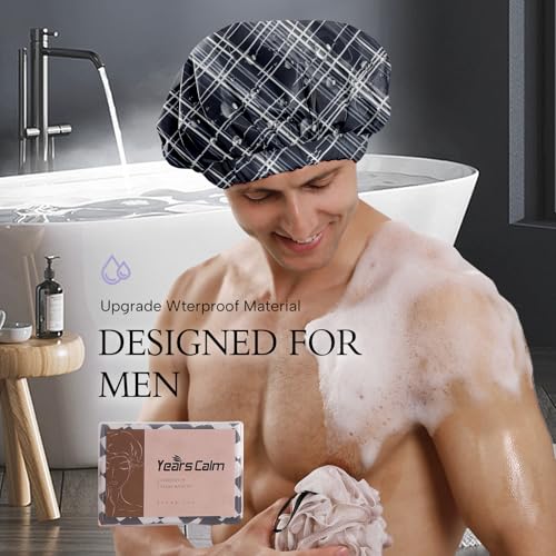 Years calm Shower Cap for Men Waterproof Reusable - Fashion Dual-Layer Design, Adjustable Elastic Band for Long & Curly Hair, XL Bath & Spa Cap for Travel, Satin Lined Shower Cap Black