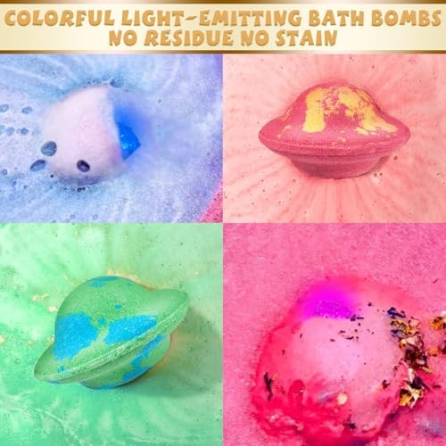 Light Up Bath Bombs with Surprise Light Cube Inside 6 Set 4 Ounce Big Size Romantic Saturn Natural Organic Saturn Bubble Bath Shower Bomb for Women Handmade Bubble Relaxing Spa Gift Bath Skin