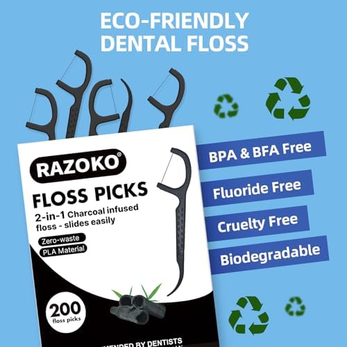 Natural Dental Floss Picks High Toughness Charcoal Toothpicks Sticks-Vegan,Eco-Friendly Sustainable Flossers for Teeth Cleaning (200 Count)