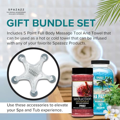 Spazazz Spa and Bath Salt Aromatherapy Crystals for Hot Tub - Gift Bundle Set The Mood Love Potion #9 Seduction 17oz - Destinations Hawaii Aloha Paradise 22oz with 5 Point Full Body Massage Tool