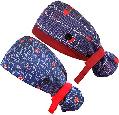 Working Cap with Buttons and Sweatband Adjustable Ribbon Tie Ponytail Hats for Women,Long Hair Head Covers Hair Caps