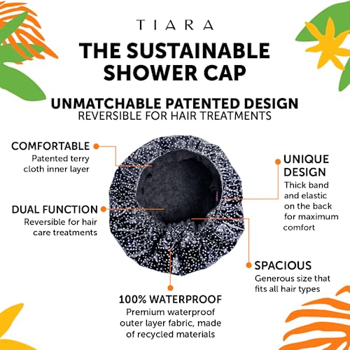TIARA 2-in-1 Luxury Shower Cap for Women Reusable Waterproof – Hair Cap for Long & Short Hair – All Size Fit Flexi Shower Cap, Terry Lined Leakproof Cloth (Patented), Soft & Breathable