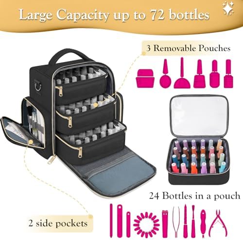 YOREPEK Nail Polish Organizer Holds Up to 72 Bottles (15ml-0.5 fl.oz) Nail Polish Carrying Case with 3 Removable Pouches and 4 Zippered Pockets for Manicure Tools, Supplies, Nail Lamp, Gift for Women