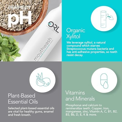ORL Natural & Organic Alcohol-Free Mouthwash Uniquely Formulated to Clean Your Mouth, Whiten Your Teeth, Strengthen Tooth Enamel with 7.0 pH Balance. Eco-Friendly Aluminum Bottle. 16.9 oz.